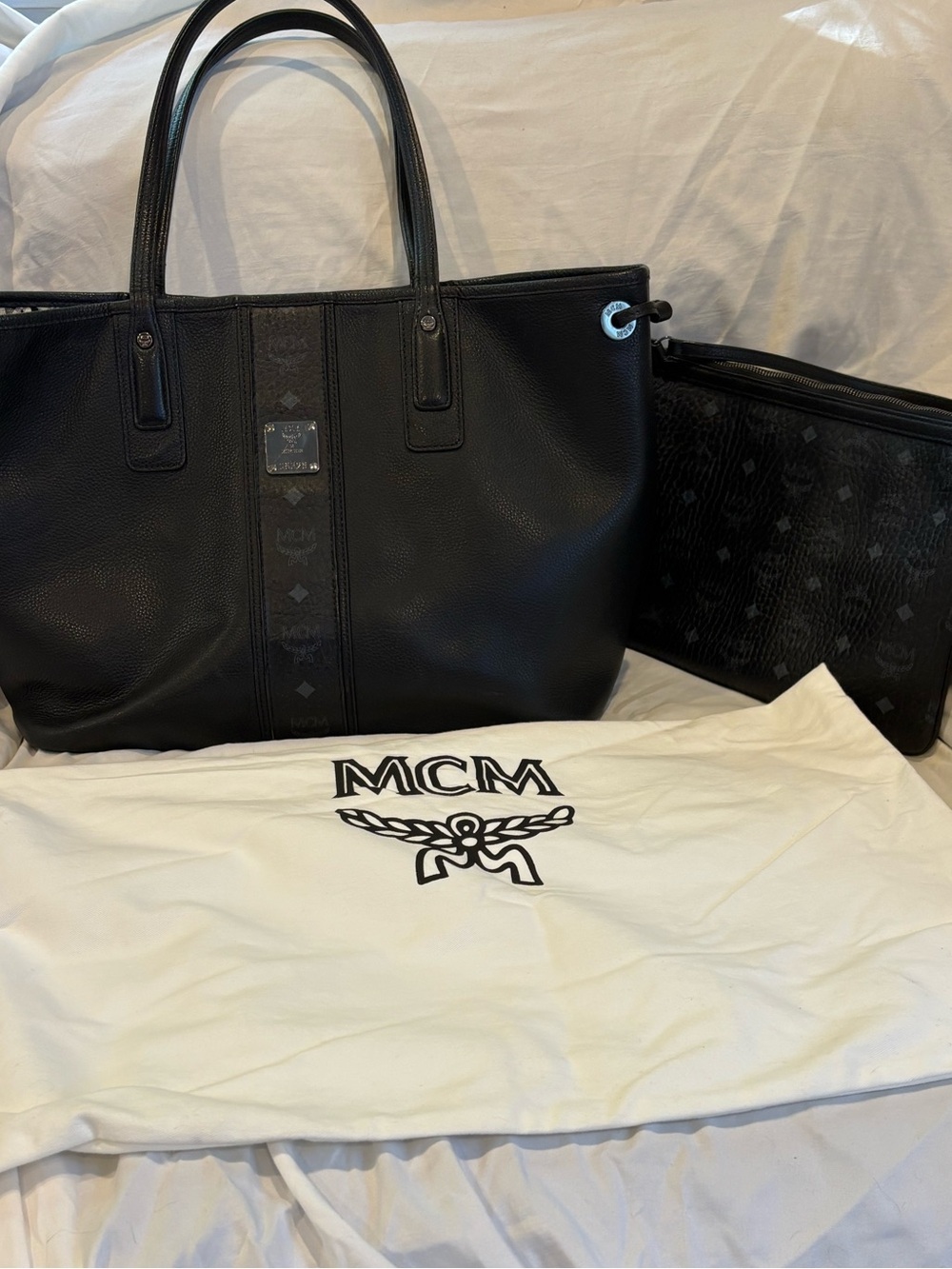 MCM *RARE* Solid Black Leather Tote with Matching Black Pouch and Dust Bag